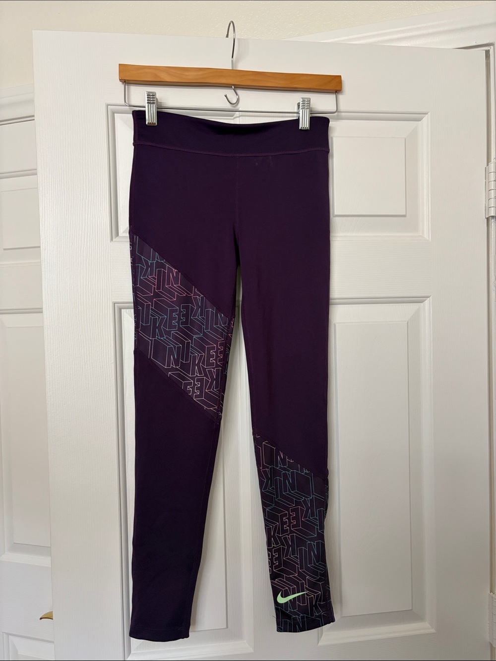 Nike Purple Girls' Leggings with Geometric Panel and Neon Swoosh